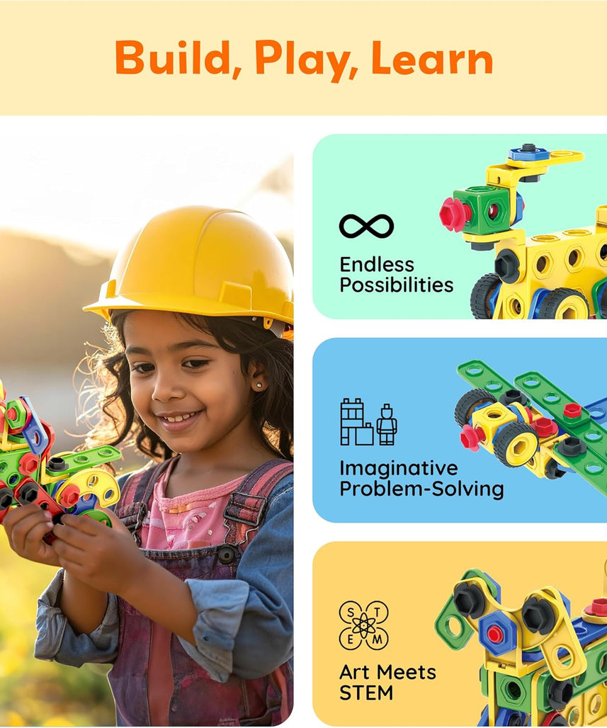 PicassoTiles STEM Learning Toys 152 Piece Building Block Set Kid Toy Construction Engineering Kit Educational Blocks w/Idea Book Design Guide, Storage Carry Box, Power Drill, Ratchet, Age 3+ PTN152