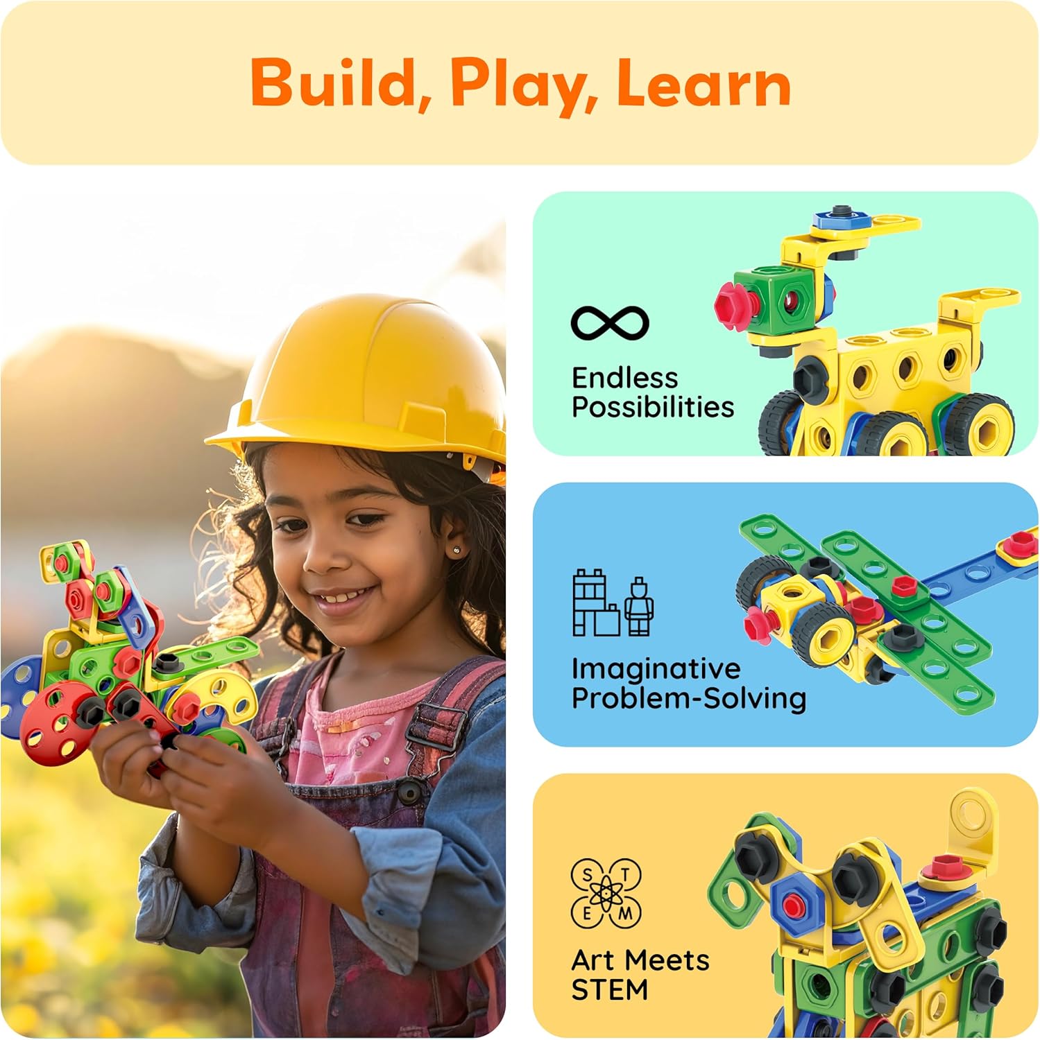 PicassoTiles STEM Learning Toys 152 Piece Building Block Set Kid Toy Construction Engineering Kit Educational Blocks w/Idea Book Design Guide, Storage Carry Box, Power Drill, Ratchet, Age 3+ PTN152