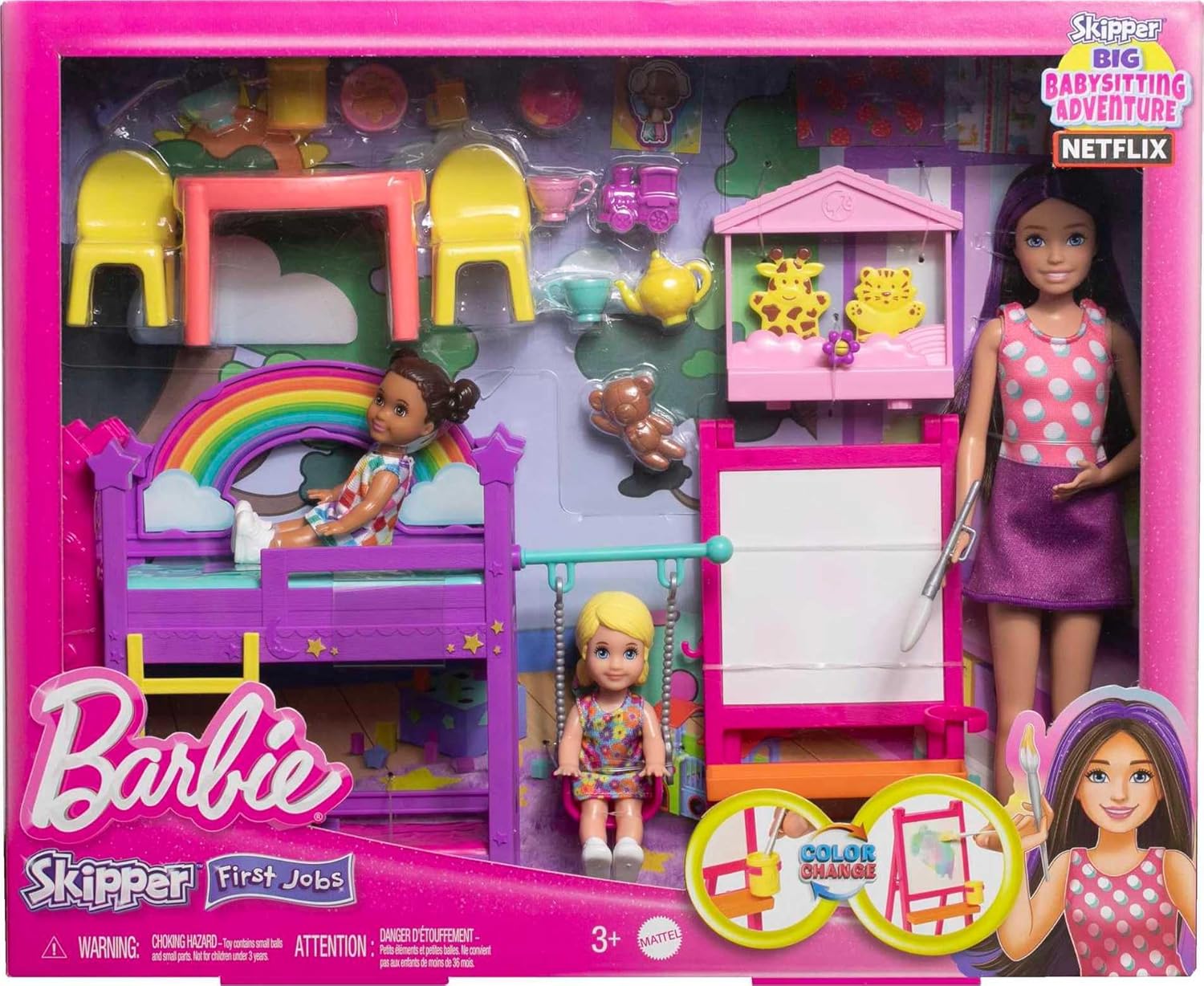 Barbie Skipper Babysitters Inc. Ultimate Daycare Playset with 3 Dolls, Bunk Beds, Color-Change Easel & 15+ Accessories (HND18) – Kids 3+