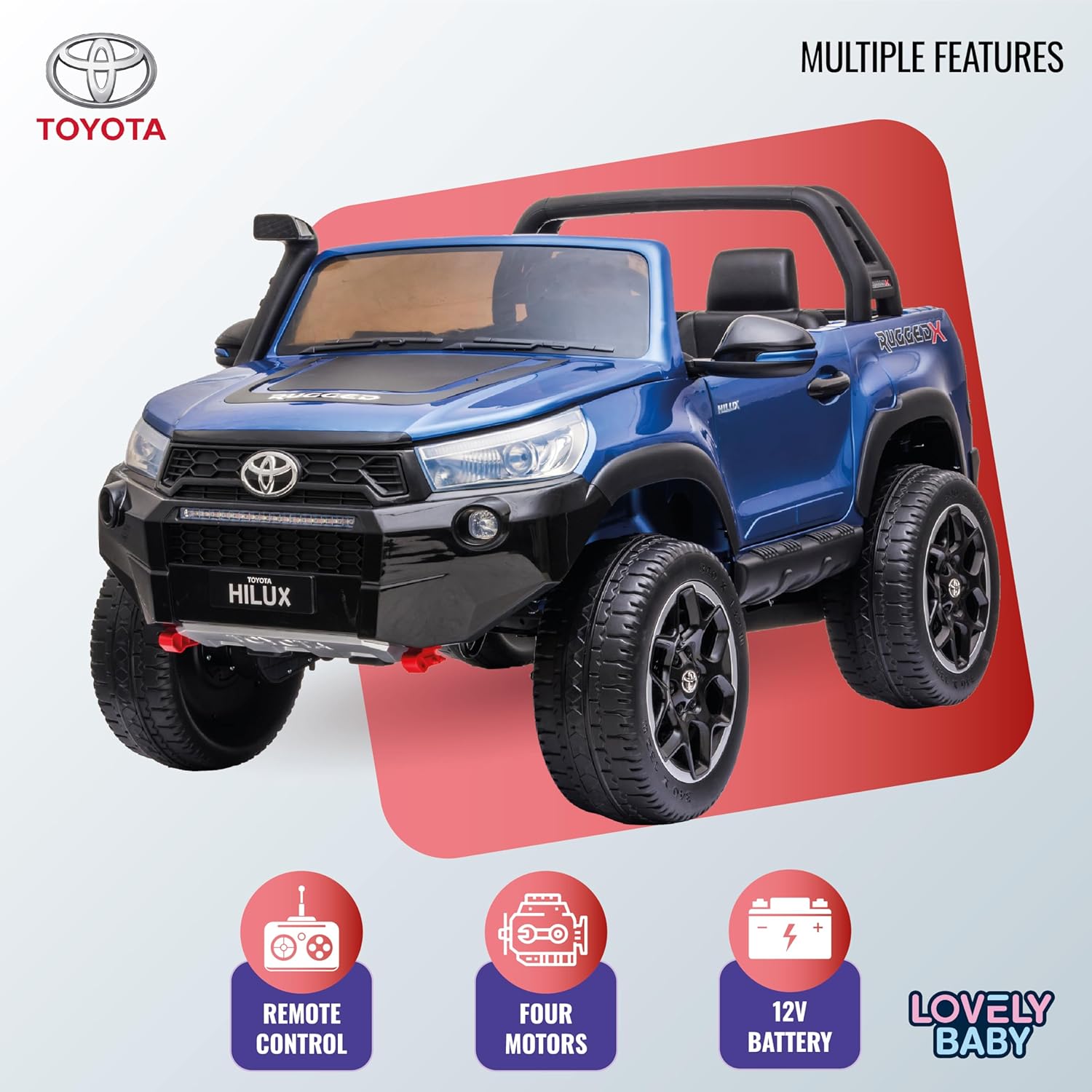 Lovely Baby LB 850DX Toyota Hilux Ride-On Car for Kids, 1-7 Years, Electric 4x4 Off-Road Vehicle, Remote Control, LED Lights, MP4 Music, Openable Doors – Red or Blue