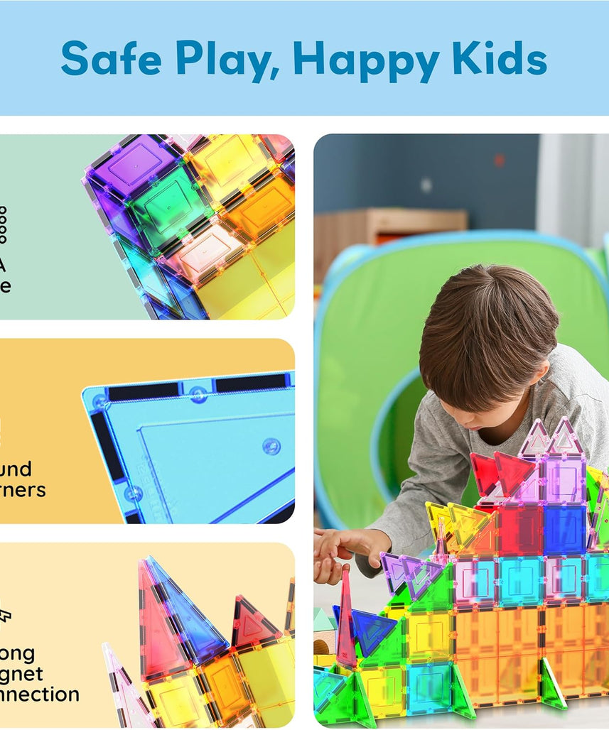 PicassoTiles 101pcs Magnetic Building Block Toy + Case Set Magnet Tile Construction Blocks for Ages 3 and Up Educational Kit Child Brain Development Learning Playset in Portable Travel Carry Bin