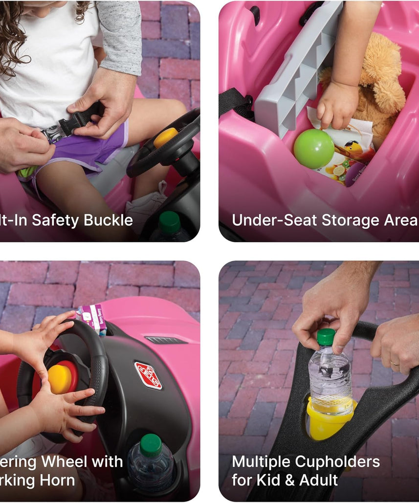 Step2 Whisper Ride Cruiser Kids Push Car with Parent Handle, Seat Belt, Horn & Storage Trunk, Single Seater Ride-On Toy for Boys and Girls, Gray, Pink & Blue, Ages 18 Months+