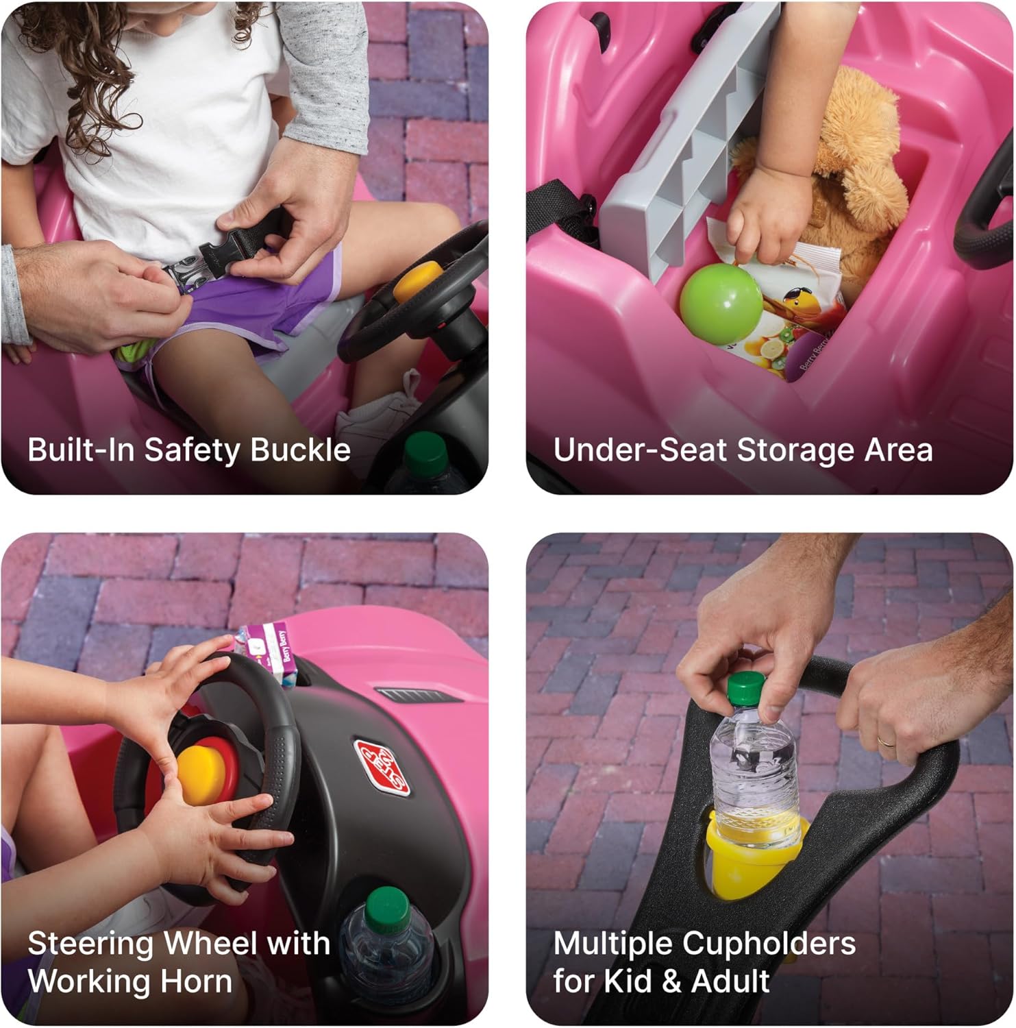 Step2 Whisper Ride Cruiser Kids Push Car with Parent Handle, Seat Belt, Horn & Storage Trunk, Single Seater Ride-On Toy for Boys and Girls, Gray, Pink & Blue, Ages 18 Months+