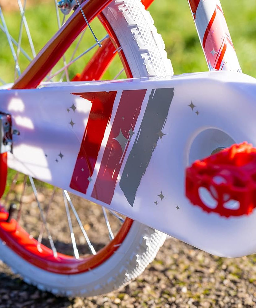 Huffy Glimmer Girls Bike 18 Inch, Red and White, Single-Speed Kids Bicycle with Removable Stabilisers, Front Storage Pouch, Quick Connect Assembly, Ages 6-8
