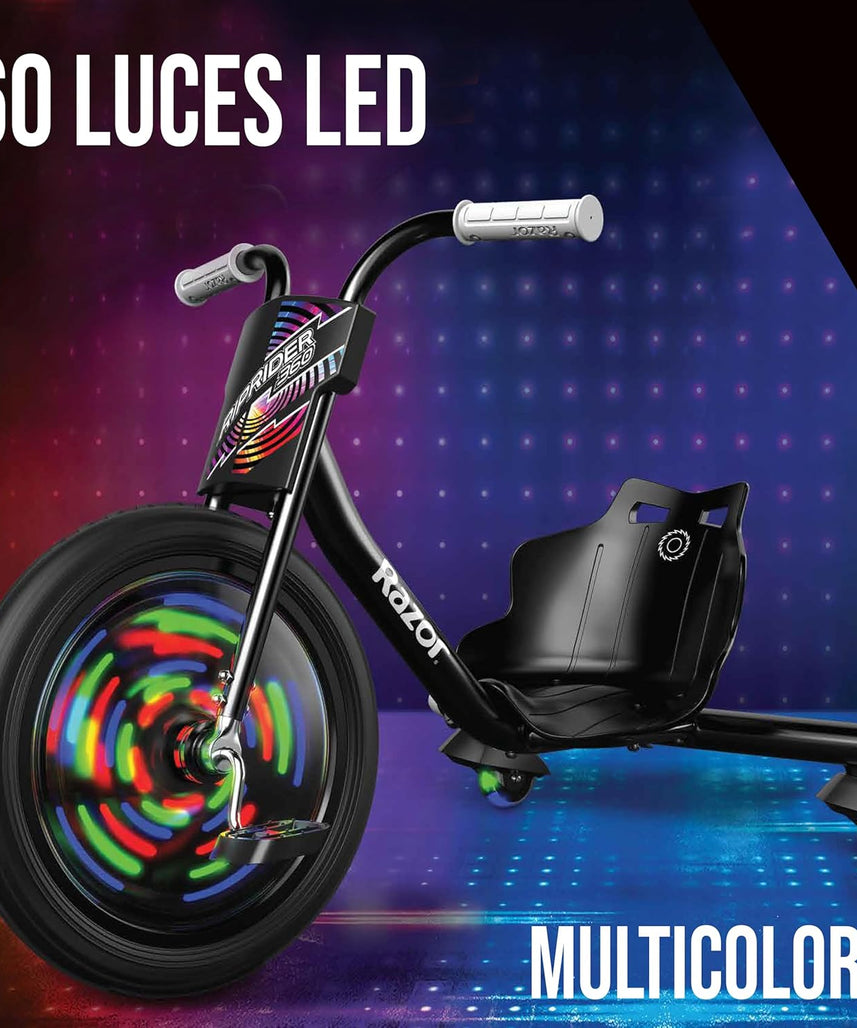 دراجة Razor RipRider 360 Lightshow Drifting ثلاثية العجلات للأطفال من سن 5 سنوات فما فوق، مزودة بدواسة ومصابيح LED متعددة الألوان تعمل بالحركة وعجلات خلفية