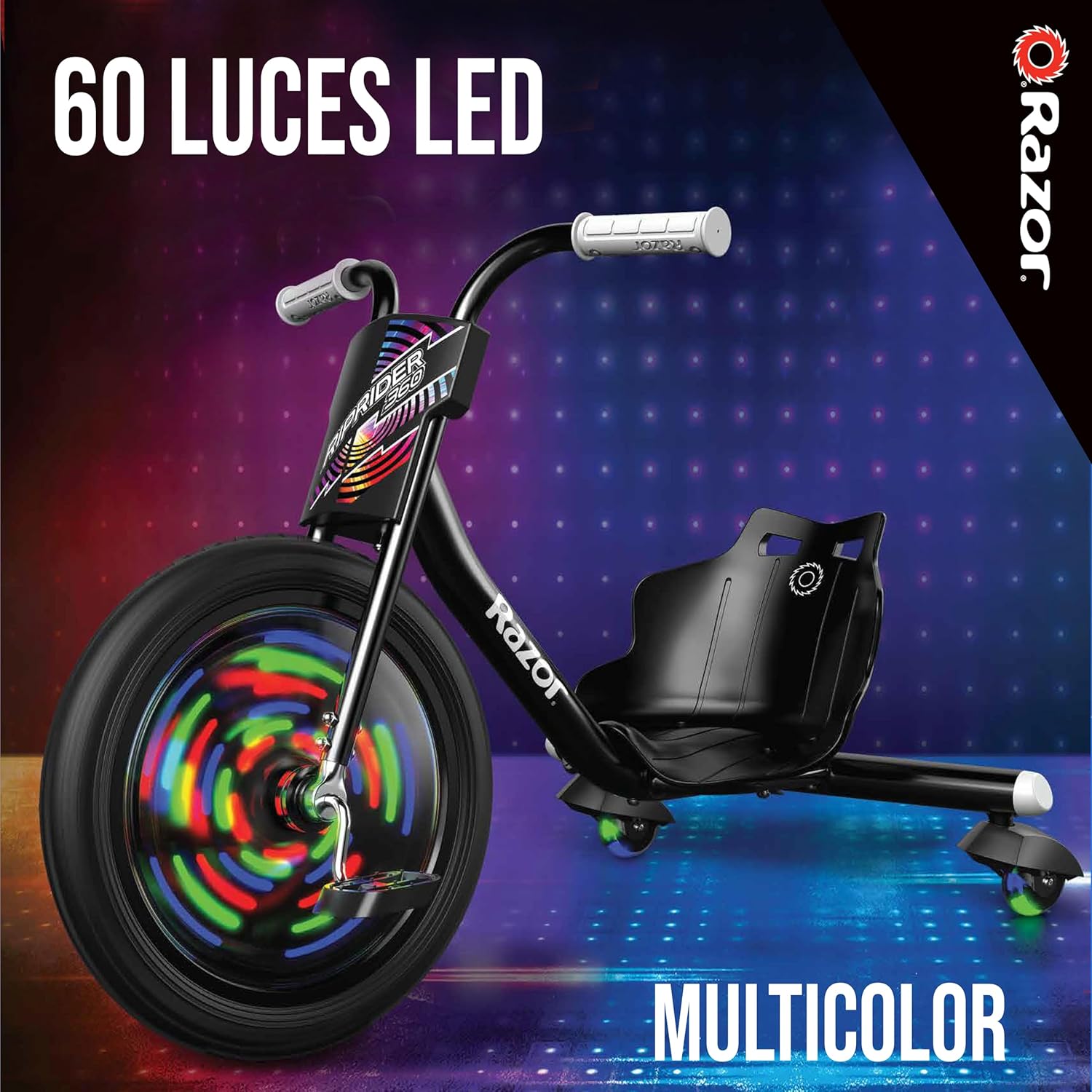 دراجة Razor RipRider 360 Lightshow Drifting ثلاثية العجلات للأطفال من سن 5 سنوات فما فوق، مزودة بدواسة ومصابيح LED متعددة الألوان تعمل بالحركة وعجلات خلفية