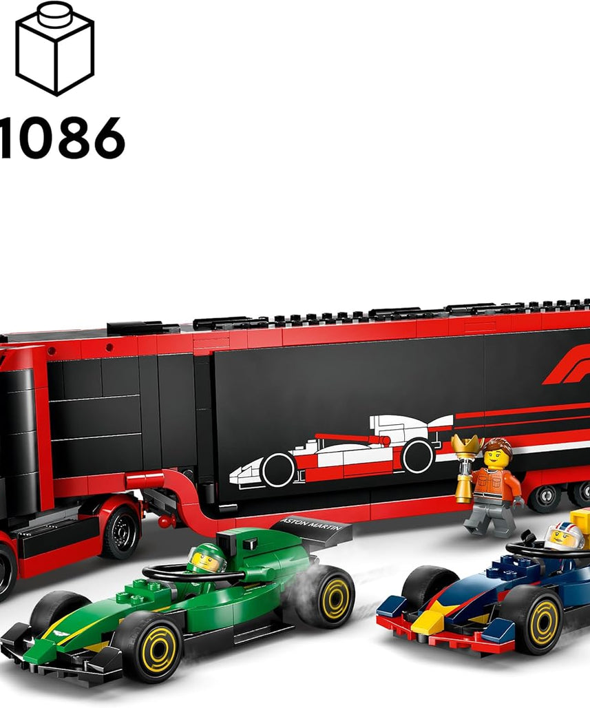 LEGO City F1 Truck with RB20 & AMR24 F1 Cars - Car Transporter Toy for RB & Aston Martin Formula 1 Teams - Incl. 2 Drivers & Race Simulator - Gifts for 8+ Year Old Boys & Girls - 60445