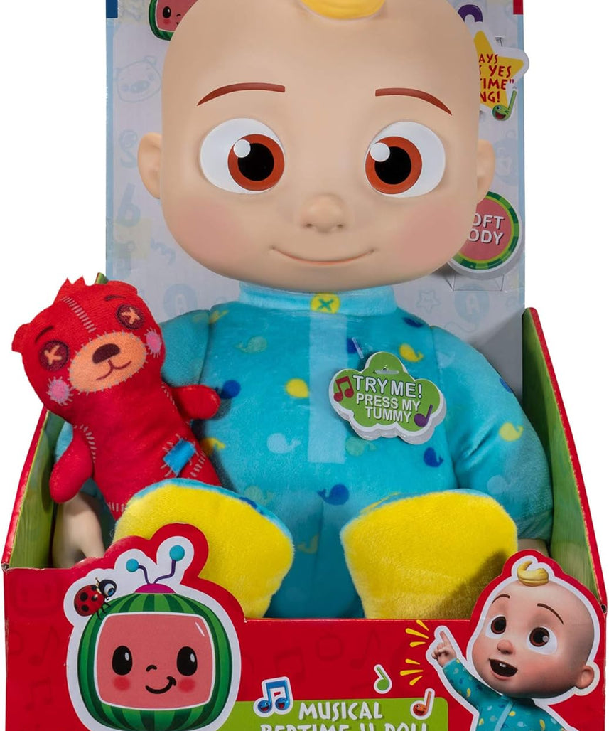 CoComelon Official Musical Bedtime JJ Doll, Soft Plush Baby Toy with Sounds, Press Tummy to Sing Yes Yes Bedtime Song, Includes Teddy Bear Pillow Plush, Toddler Bedtime Toy, 18 Months+