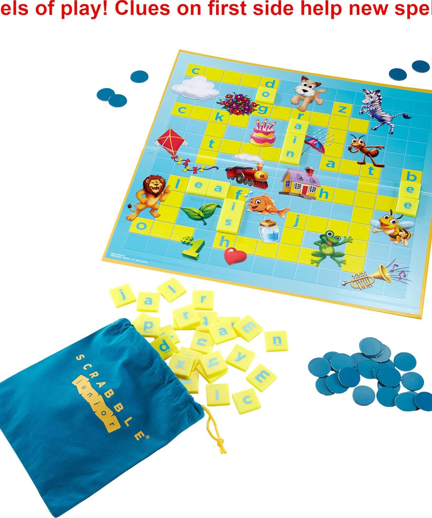 Scrabble Junior Kids Crossword Game With 2-Games-In-1, 2-Sided Game Board For 2 To 4 Players Ages 6 To 10 Years Old