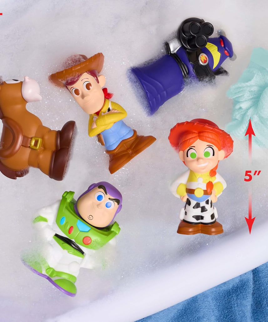 Disney Toy Story Bath Caddy, 6-pieces, 5 Bath Toy Figures Sealed for Safety, Attaches to Wall, Bath Toy for Fans, Girls, Boys, Kids, Ages 3 and Up