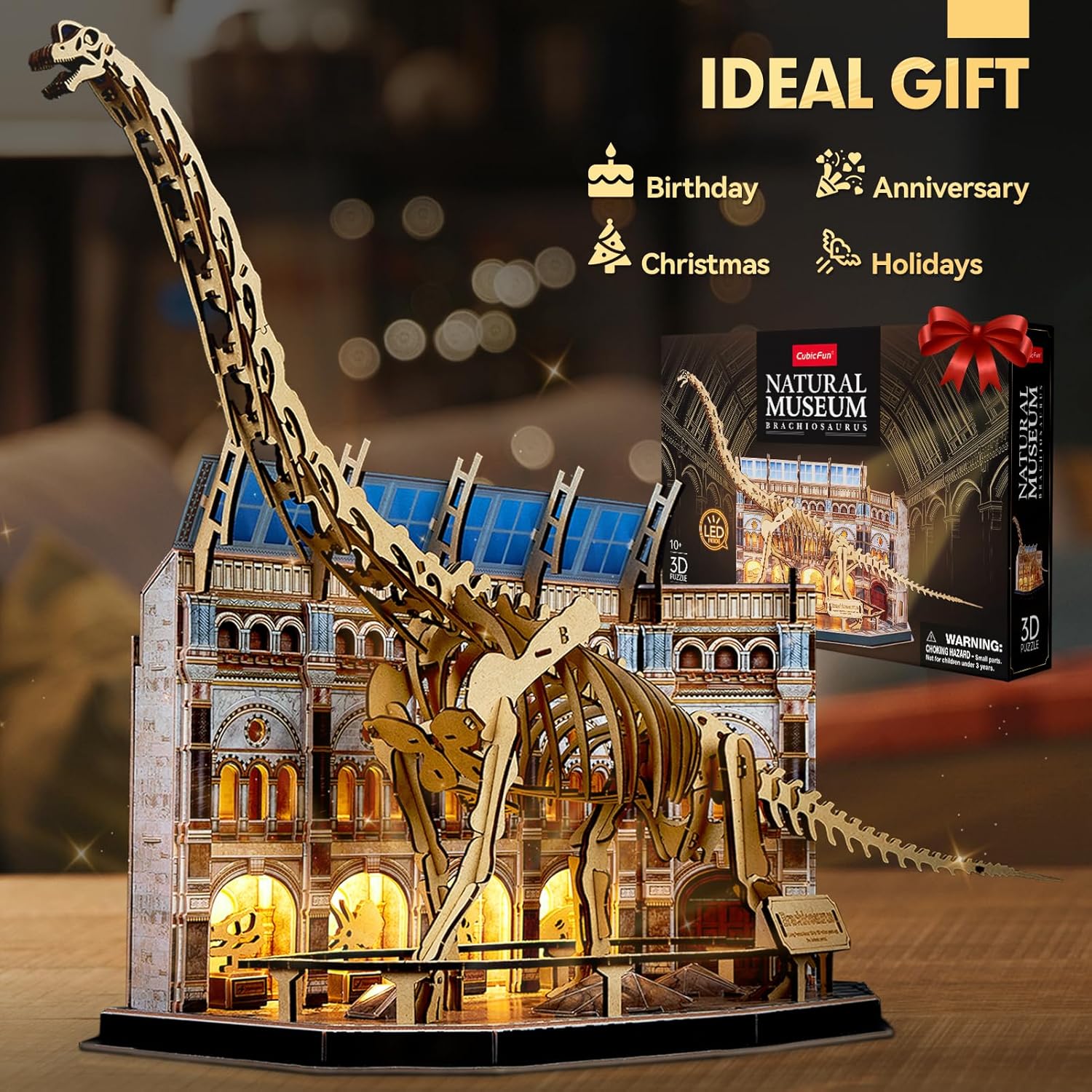 CubicFun Natural Museum Brachiosaurus 3D Puzzle Skeleton Model Kit with LED Lights, 216-Piece Dinosaur Fossil STEM Building Set for Kids & Adults