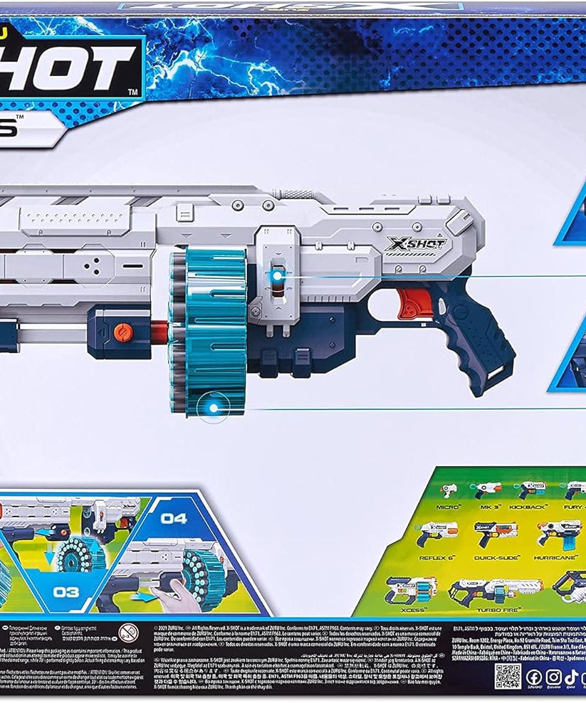 مسدس إكس-شوت إكسل فورتريس، ماسورة بسعة 40 سهمًا، دوران تلقائي، مدى 27 مترًا / 90 قدمًا، آلية الضخ، سكة تكتيكية، مسدس سهام إسفنجي لعبة، 36507، للأطفال، المراهقين، البالغين