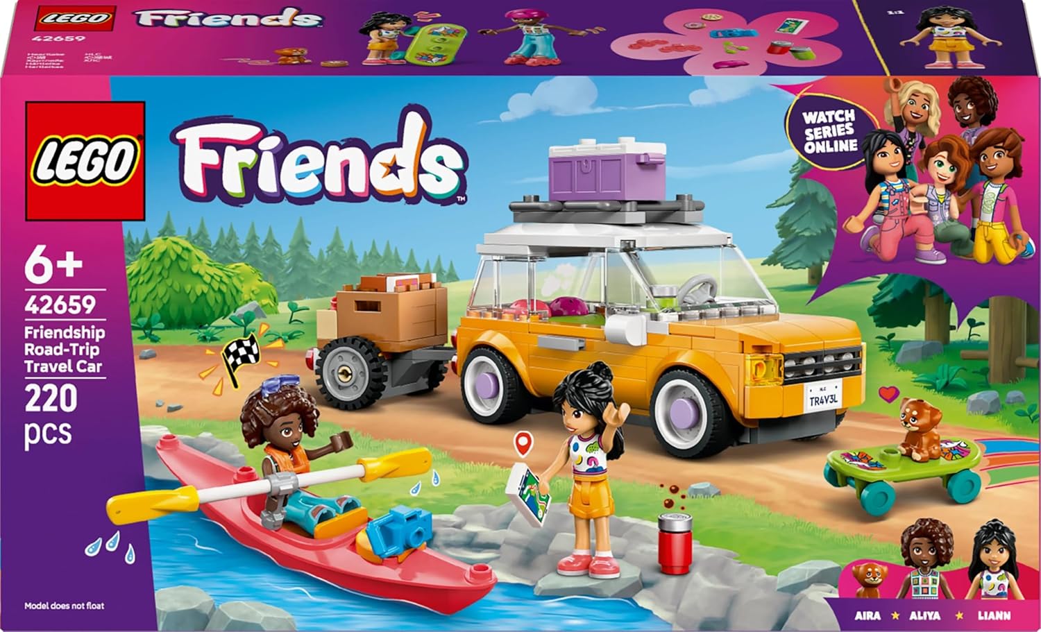 LEGO Friends Friendship Road-Trip Travel Car Toy with Trailer, 2 Mini Dolls, a Pet Dog Figure, Kayak & Fun Accessories incl. a Skateboard & Roller Skates - Ramadan Gift for 6+ Year Old Girls - 42659