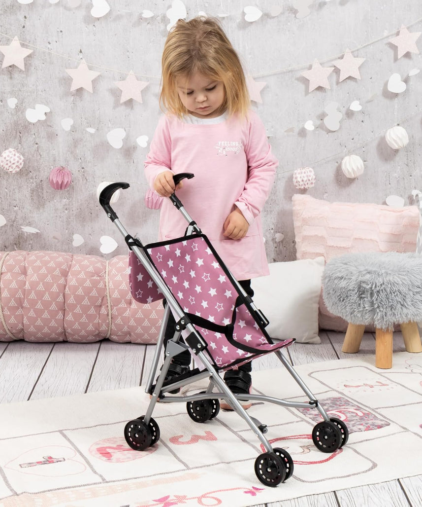 BAYER DOLLS BUGGY SET WITH BAG 46CM | Foldable, metal, dusky pink with stars