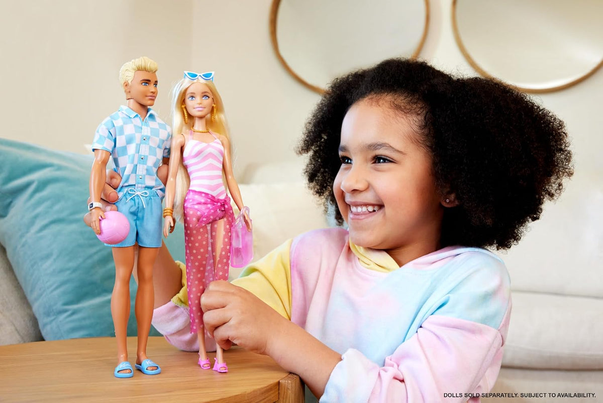Barbie Blonde Ken Doll with Blue Button-Down and Swim Trunks, Beach-Themed Accessories for Imaginative Role Play, Ages 3+