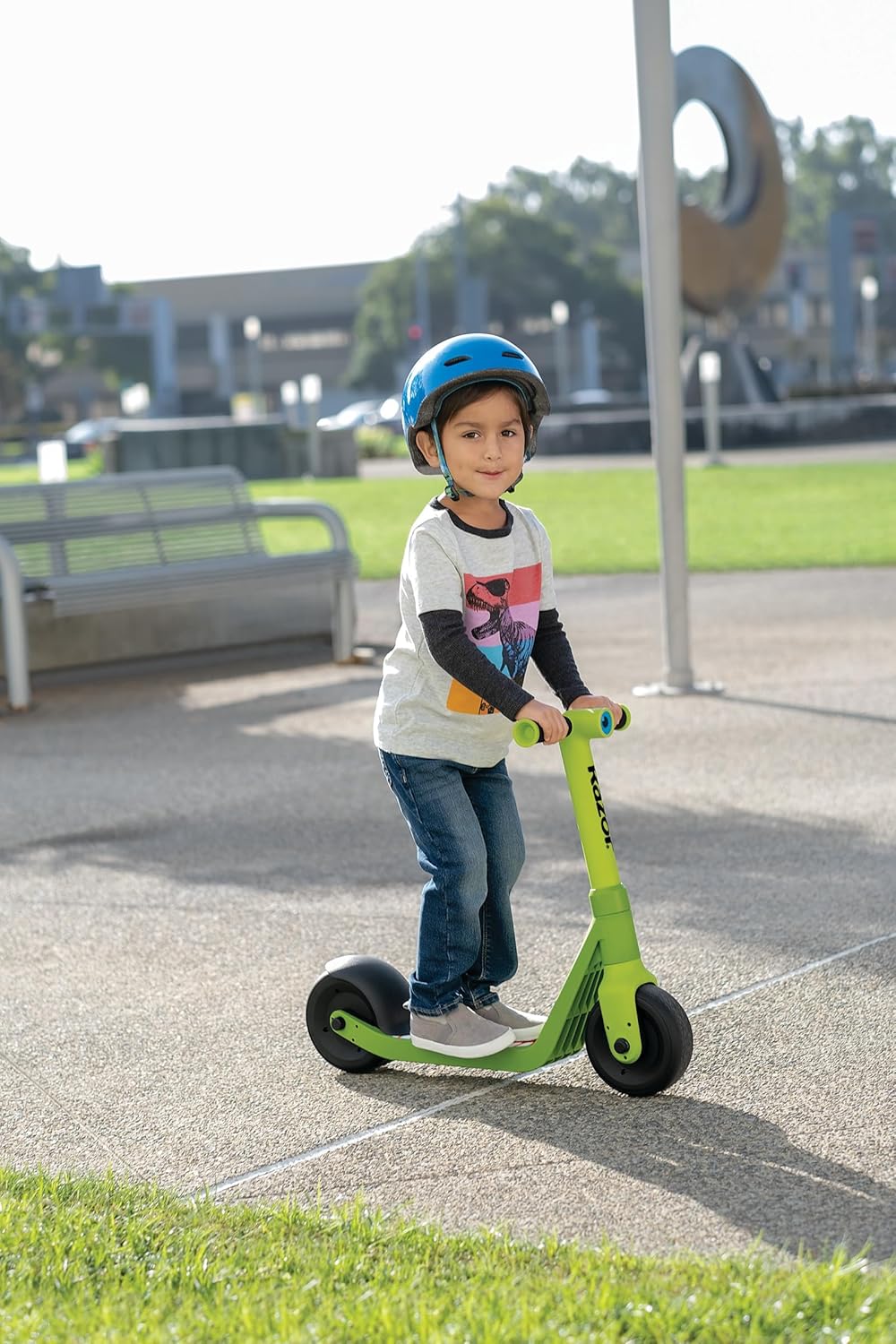 Razor Wild Ones Junior Kick Scooter Dino Green, Wide Deck Balance Trainer, Extra Wide Slow Rolling Wheels, Steel Reinforced Handlebars, Indoor Outdoor Ride On for Kids 30+ Months