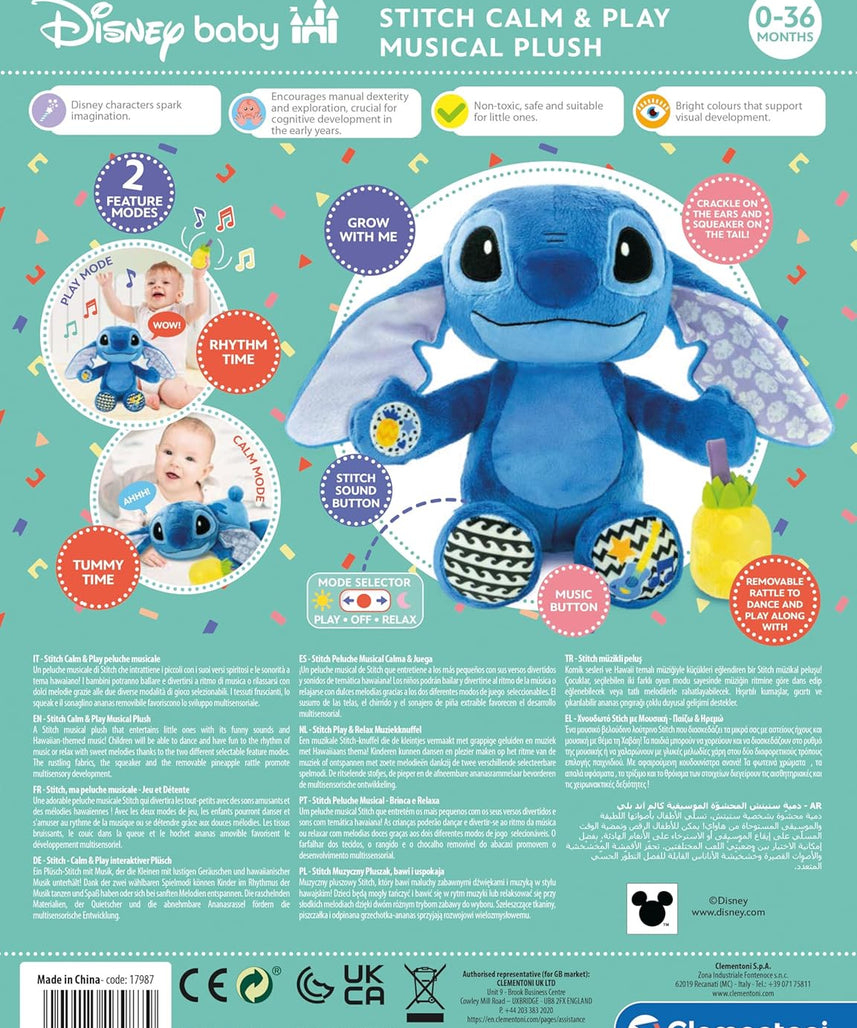 Disney Clementoni Baby Stitch Calm & Play Battery Operated, Plush Toy, With Sounds, Learning Toys for Babies & Toddlers, Gift