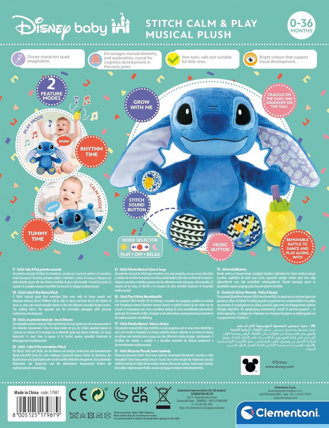 Disney Clementoni Baby Stitch Calm & Play Battery Operated, Plush Toy, With Sounds, Learning Toys for Babies & Toddlers, Gift