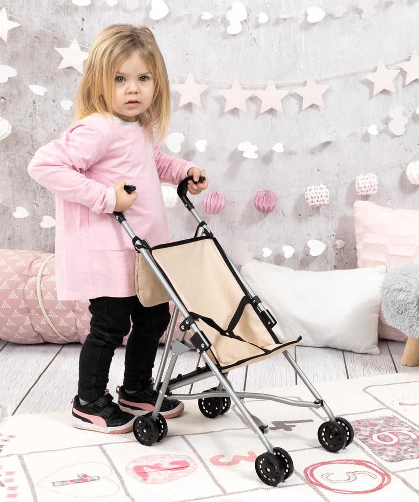 BAYER DOLLS BUGGY SET WITH BAG 46CM | Foldable, built-in safety belt, double wheels for easy pushing, made of metal