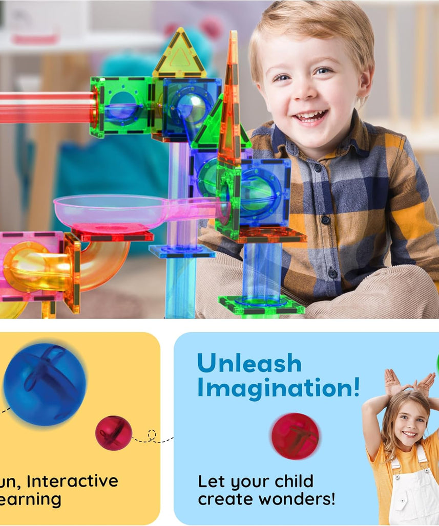 PicassoTiles Marble Run 50-Piece Magnetic Tile Race Track Toy Play Set, STEM Building & Learning, Educational Magnet Construction, Child Brain Development Kit, Boys Girls Age 3 4 5 6 7 8+ Years Old