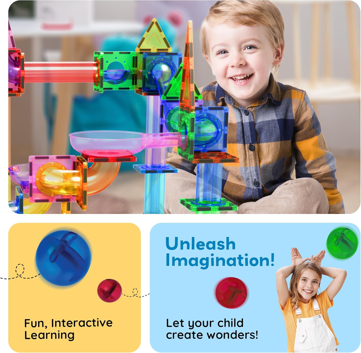 PicassoTiles Marble Run 50-Piece Magnetic Tile Race Track Toy Play Set, STEM Building & Learning, Educational Magnet Construction, Child Brain Development Kit, Boys Girls Age 3 4 5 6 7 8+ Years Old