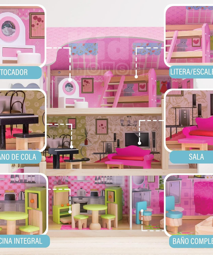 بيت دمى خشبي من EduFun مع شرفة للأطفال الصغار، فيلا دمى كبيرة من 3 طوابق مع 4 غرف، سلالم، ملحقات أثاث من 15 قطعة، لعبة تظاهر تعليمية للأطفال من سن 3 سنوات فما فوق