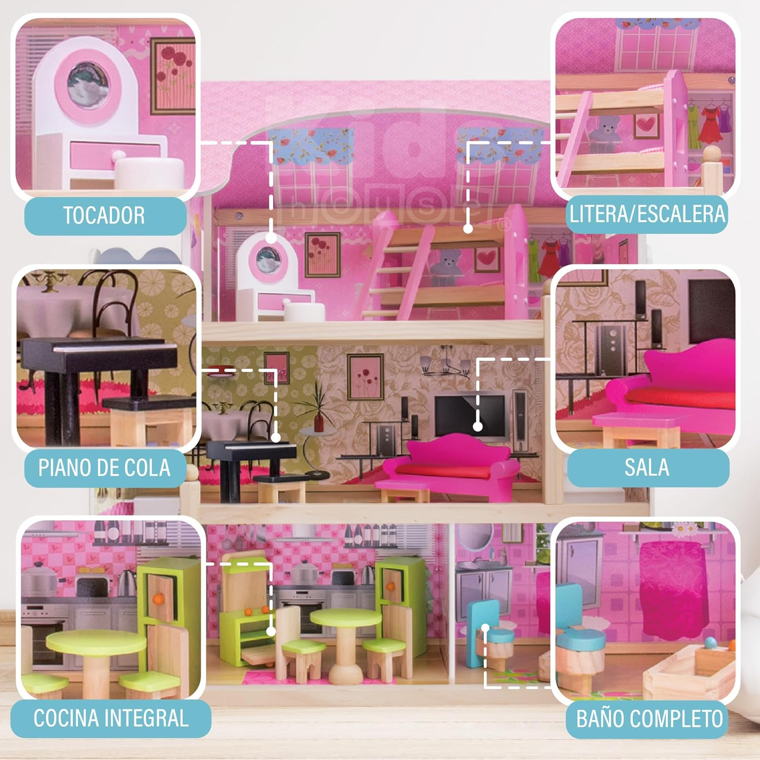 بيت دمى خشبي من EduFun مع شرفة للأطفال الصغار، فيلا دمى كبيرة من 3 طوابق مع 4 غرف، سلالم، ملحقات أثاث من 15 قطعة، لعبة تظاهر تعليمية للأطفال من سن 3 سنوات فما فوق