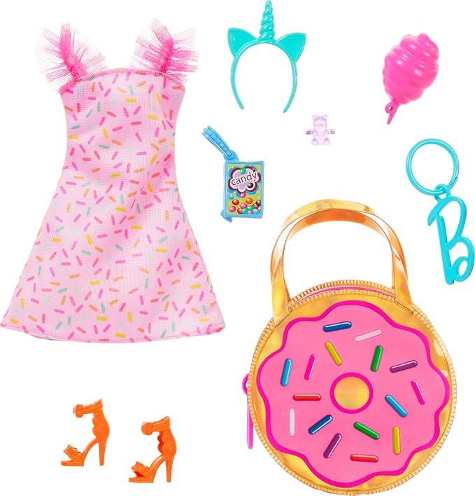 Barbie Premium Pink Doughnut Fashion Bag, Pink Dress, Orange Heels, and Accessories