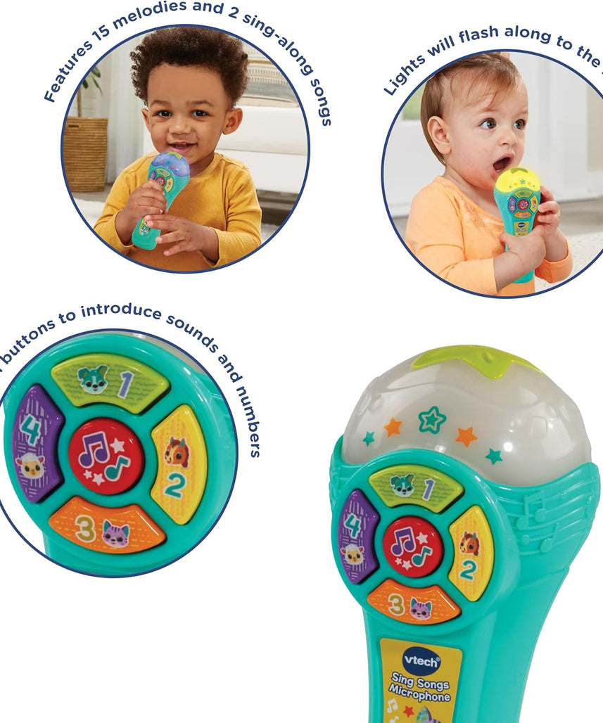 VTech Baby Sing Songs Microphone, Interactive Microphone Toy with 4 Buttons for Animals, Sounds & Numbers, Flashing Lights & Music, Musical Toy for Children 12, 18, 24 Months +, Version