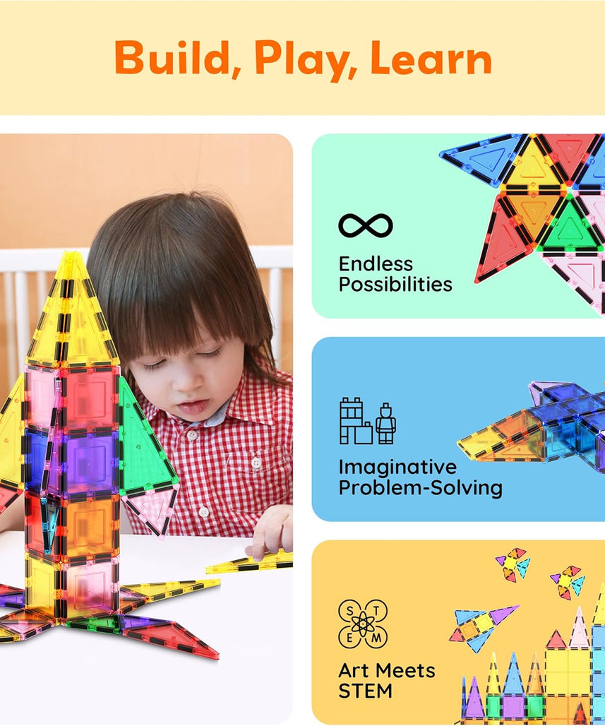 PicassoTiles 101pcs Magnetic Building Block Toy + Case Set Magnet Tile Construction Blocks for Ages 3 and Up Educational Kit Child Brain Development Learning Playset in Portable Travel Carry Bin