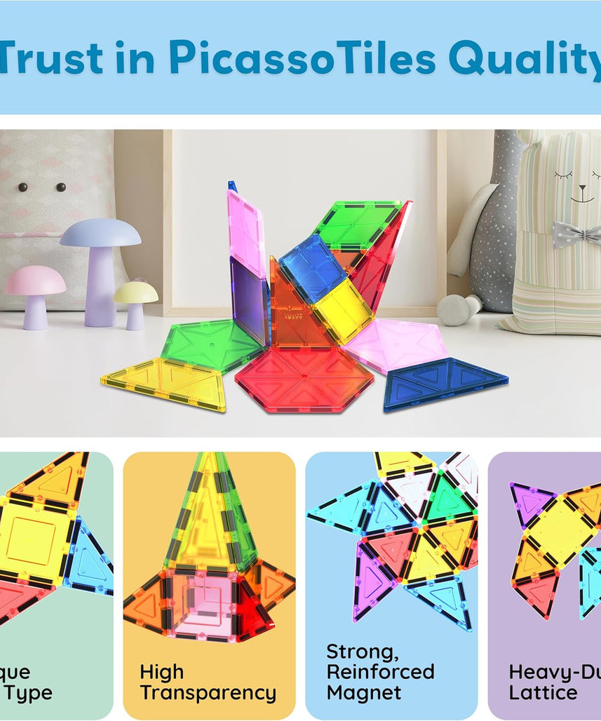 PicassoTiles 16 Piece Magnetic Building Block Set Geometry Shape Magnet Tiles Construction Toy STEM Learning Kit Educational Playset Playboard Pretend Play Stacking Blocks Child Brain Development PT16