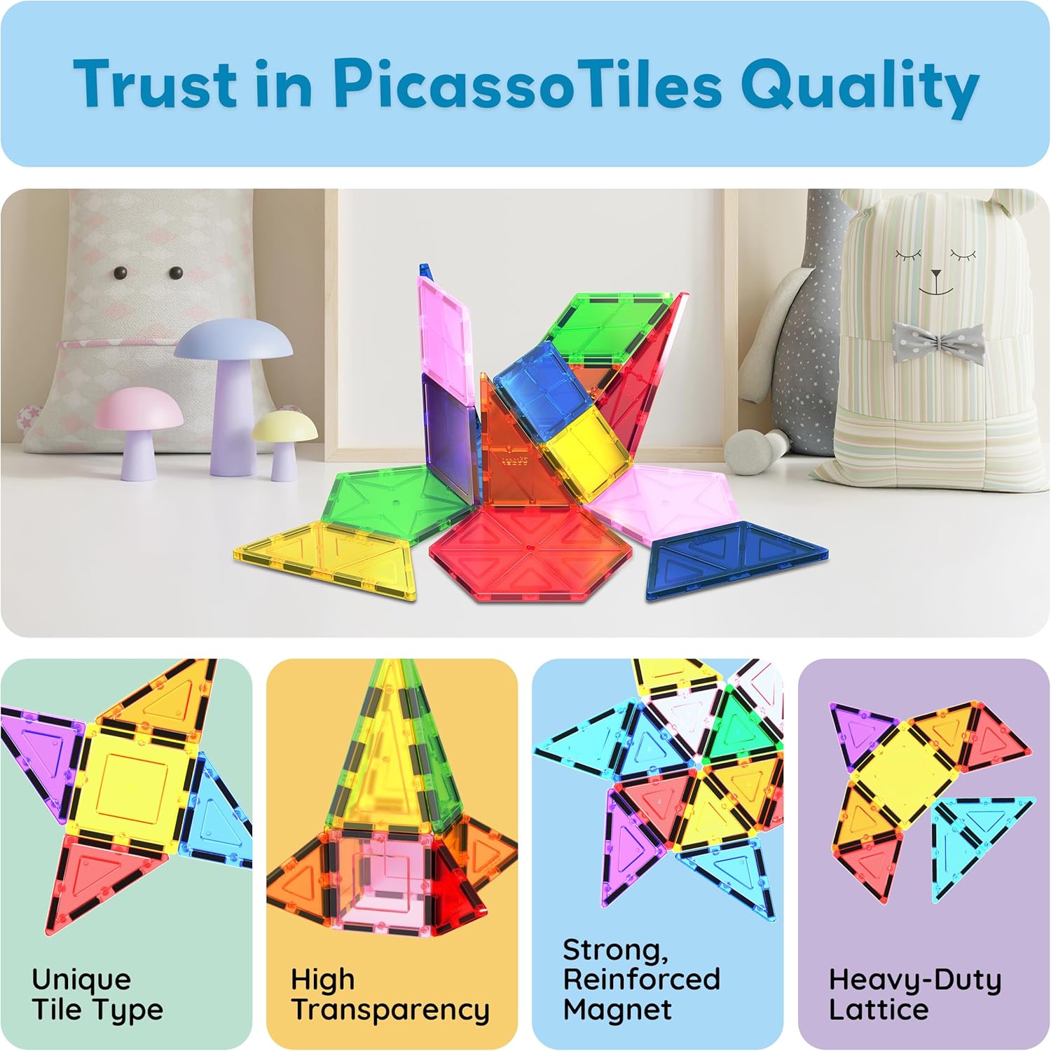 PicassoTiles 16 Piece Magnetic Building Block Set Geometry Shape Magnet Tiles Construction Toy STEM Learning Kit Educational Playset Playboard Pretend Play Stacking Blocks Child Brain Development PT16