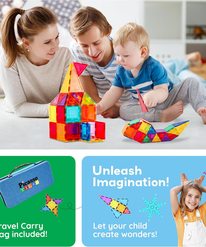 PicassoTiles 101pcs Magnetic Building Block Toy + Case Set Magnet Tile Construction Blocks for Ages 3 and Up Educational Kit Child Brain Development Learning Playset in Portable Travel Carry Bin