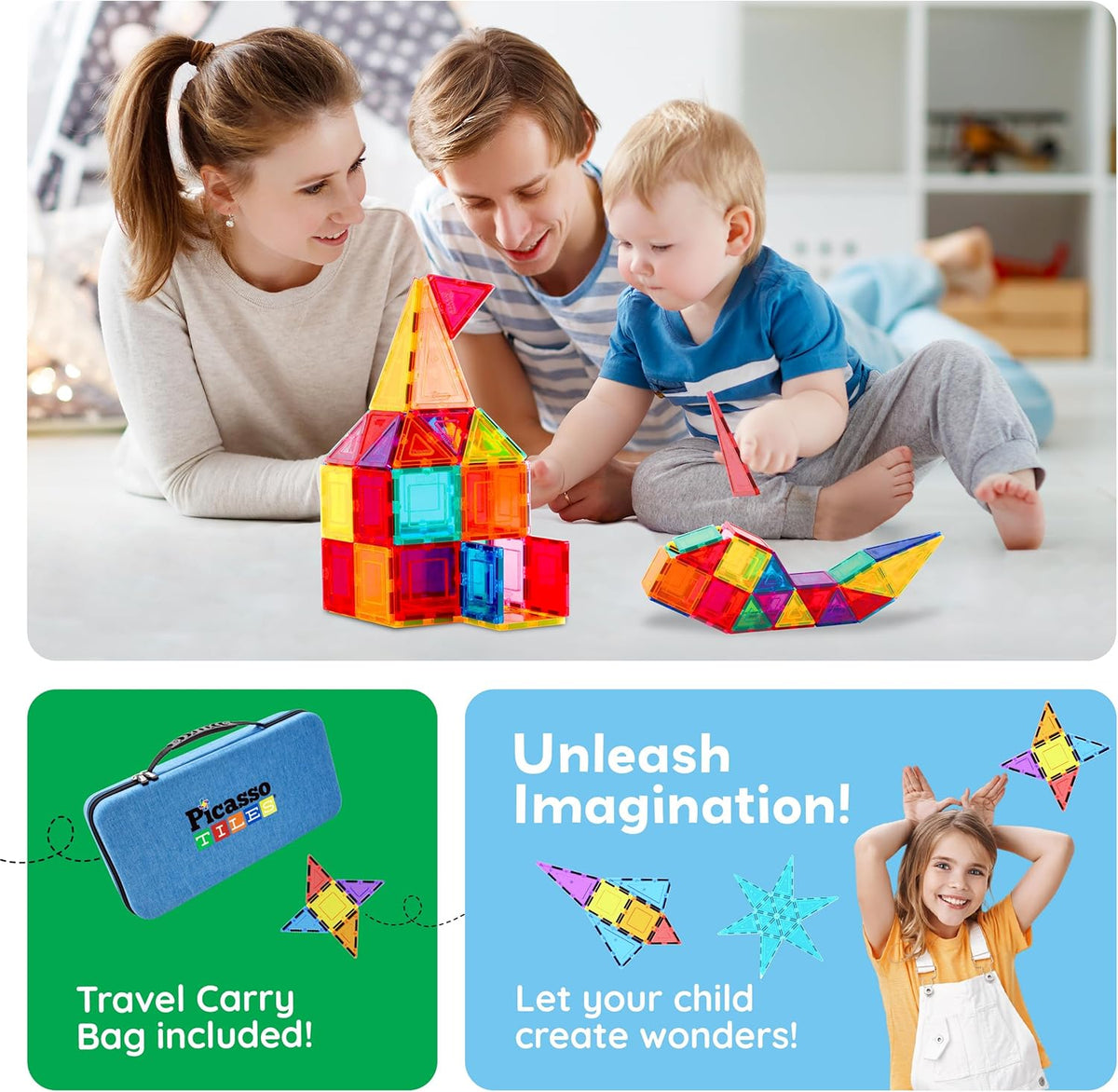 PicassoTiles 101pcs Magnetic Building Block Toy + Case Set Magnet Tile Construction Blocks for Ages 3 and Up Educational Kit Child Brain Development Learning Playset in Portable Travel Carry Bin