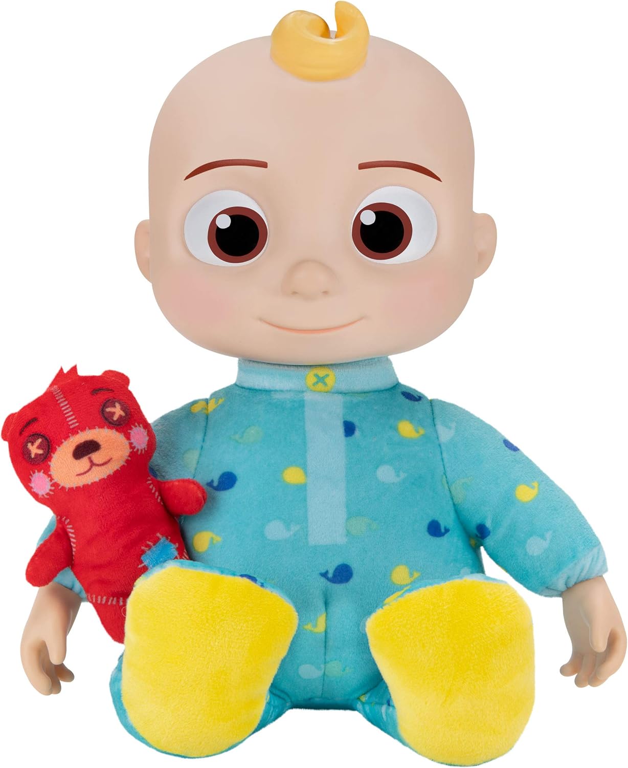 CoComelon Official Musical Bedtime JJ Doll, Soft Plush Baby Toy with Sounds, Press Tummy to Sing Yes Yes Bedtime Song, Includes Teddy Bear Pillow Plush, Toddler Bedtime Toy, 18 Months+