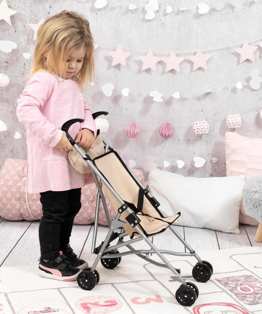 BAYER DOLLS BUGGY SET WITH BAG 46CM | Foldable, built-in safety belt, double wheels for easy pushing, made of metal
