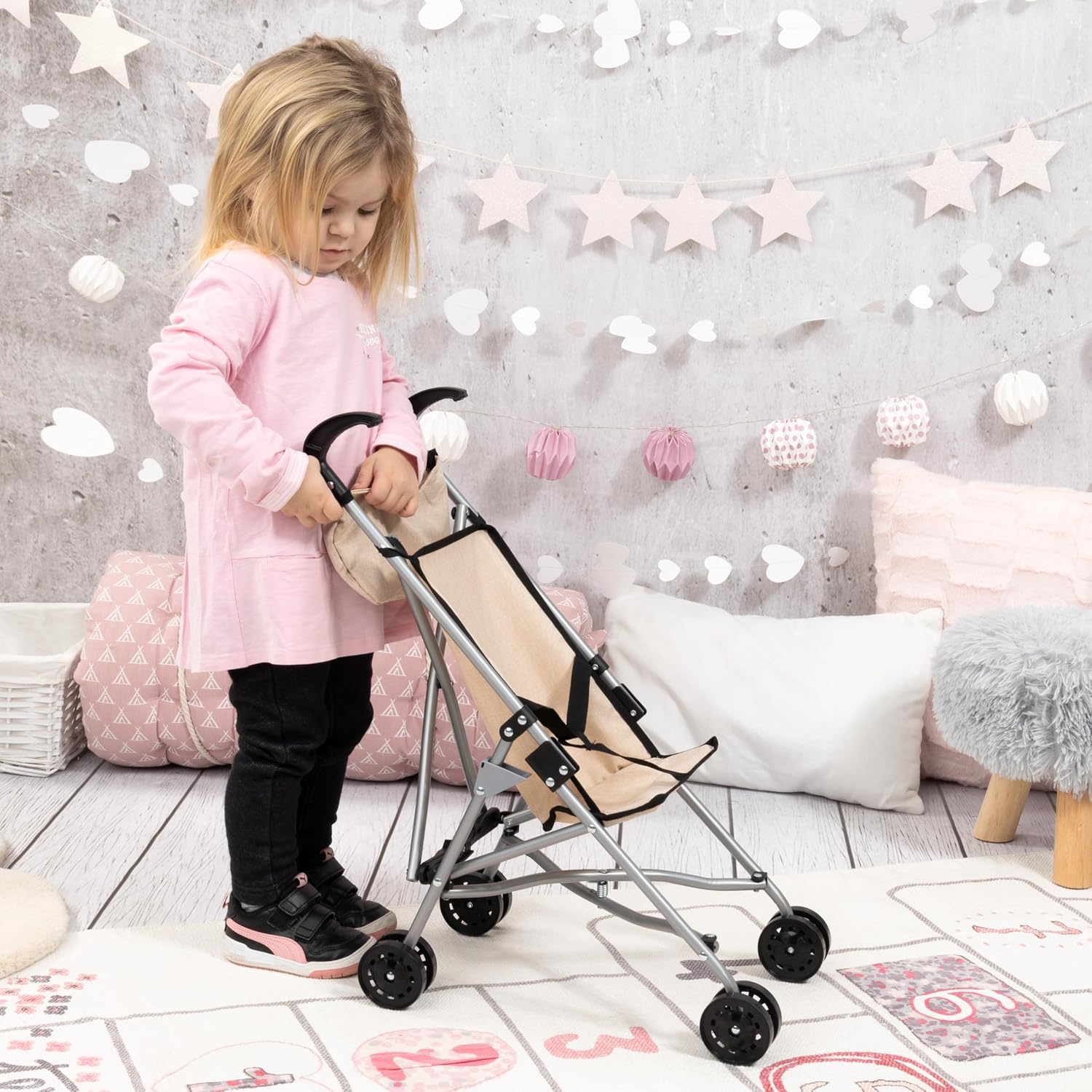 BAYER DOLLS BUGGY SET WITH BAG 46CM | Foldable, built-in safety belt, double wheels for easy pushing, made of metal