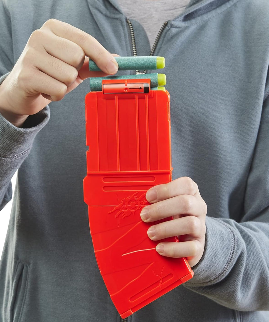 مسدس سهام نيرف دينو سكواد ريكس-رامبيج الآلي، مشبك سهام بعشرة سهام، ٢٠ سهم نيرف رسمي، تخزين لعشرة سهام، تصميم ديناصور تي ريكس، متعدد الألوان