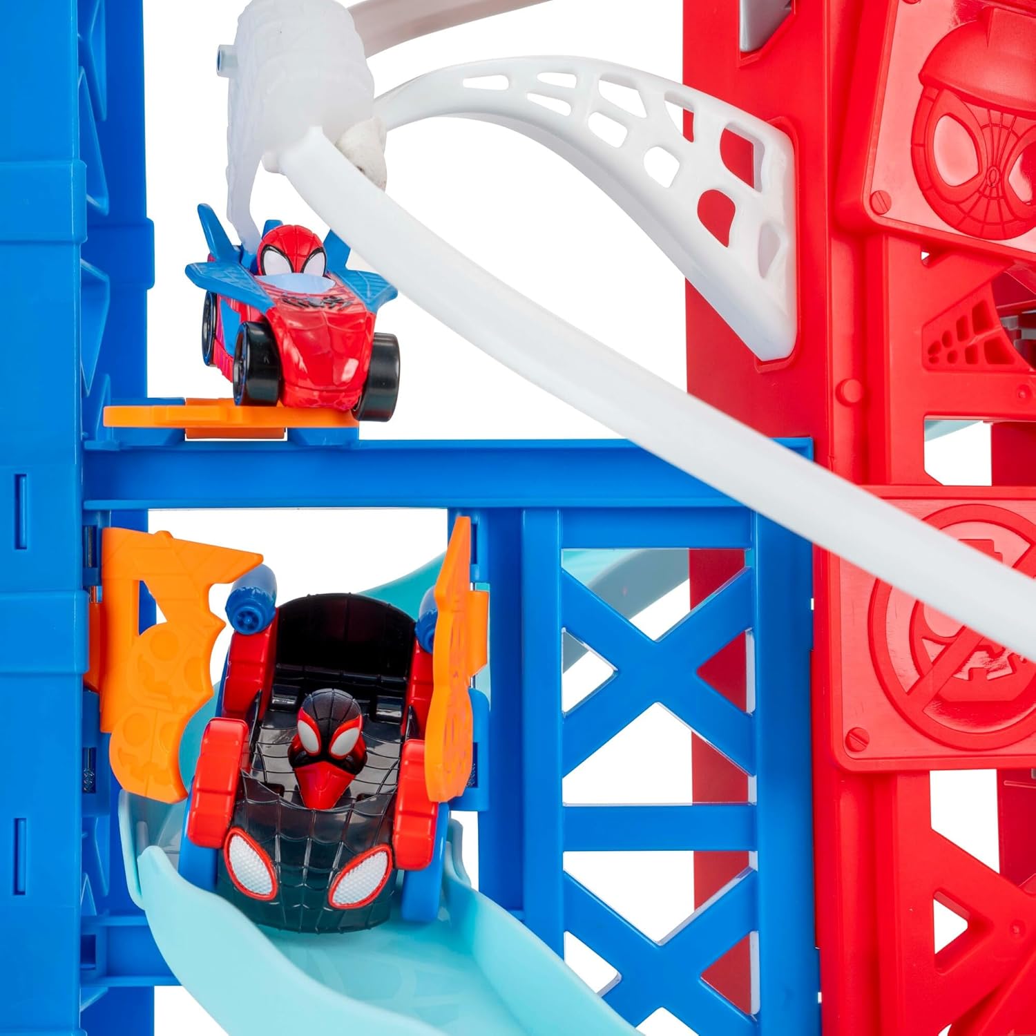 Spidey N Friends Construction Zone Chaos Track Set, Deluxe 2-Foot High Race Track Features Zip Line, Action Zones, & 2 Separate Tracks with Two 3-Inch Vehicles, Kids Toys, Gift, Playset, 3 Years+