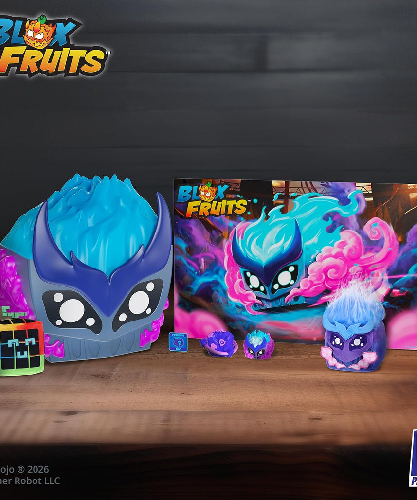 Blox Fruits Gas Collector Bundle, Gas Fruit Storage Case with 2 Minifigures, 2 Soft 4-Inch Plush Characters, Collector Poster and Premium DLC Code, Official Blox Fruits Merchandise, 6+ Years