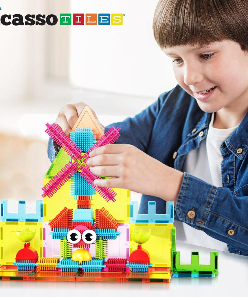 PicassoTiles Magnetic Tiles & Hedgehog 2-in1 Interlocking Brush Connector Magnet Building Blocks Construction Set Learning Playset STEM Toys Development Preschool Education Toy Toddler Age 3 Up PTE21