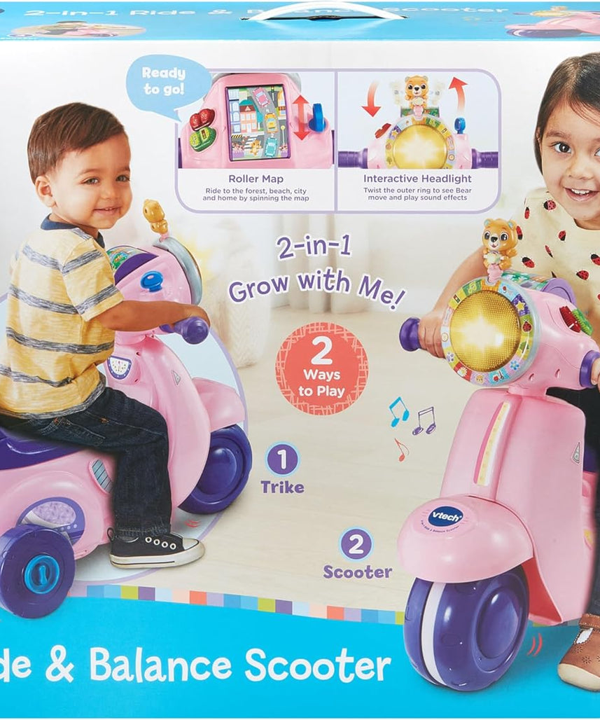 VTech Baby 2-in-1 Ride & Balance Scooter – Pink, Toddler Trike & Balance Bike with Lights, Music, and Educational Play, Ages 12–36 Months