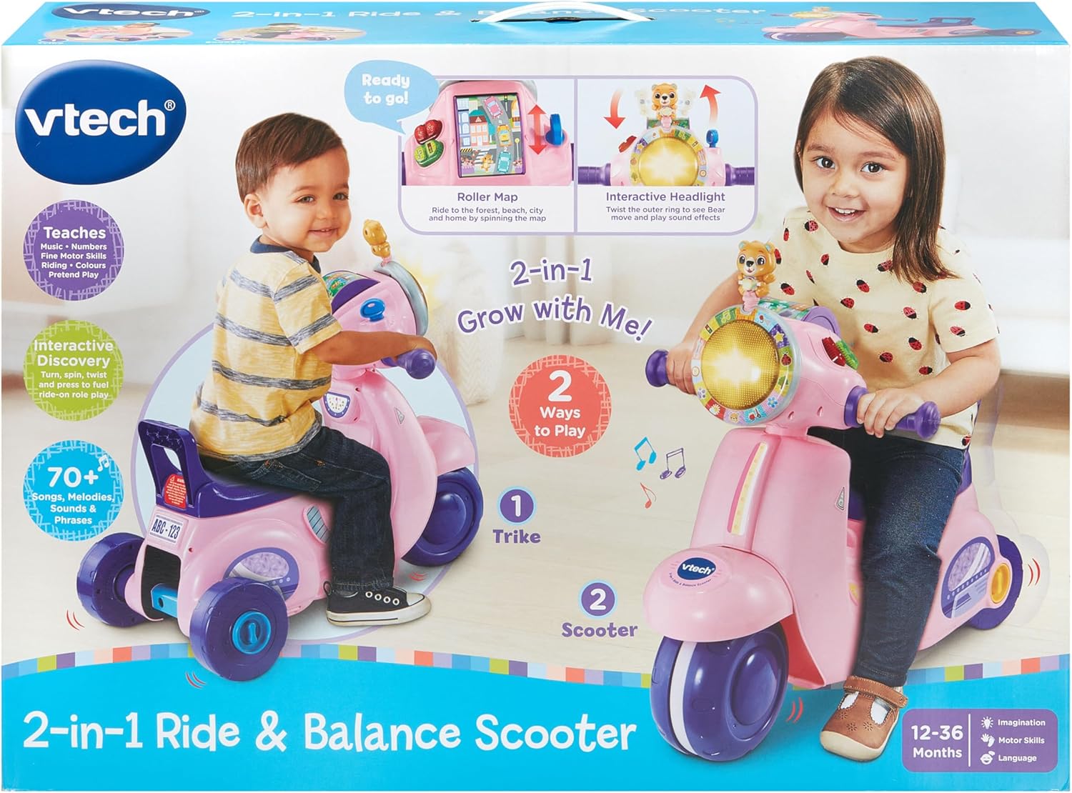 VTech Baby 2-in-1 Ride & Balance Scooter – Pink, Toddler Trike & Balance Bike with Lights, Music, and Educational Play, Ages 12–36 Months
