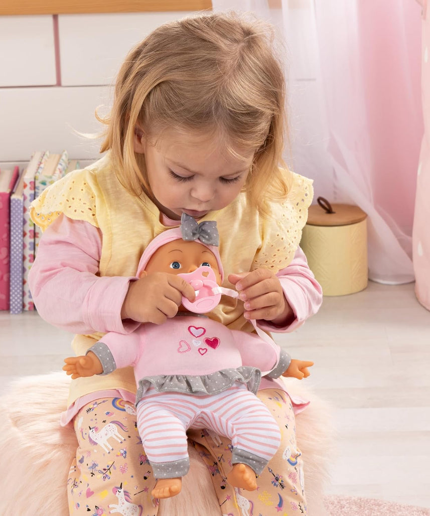 Bayer Soft Cuddle Baby Doll 30cm Set with Pacifier and Bottle, Soft Body Infant Doll for Nurturing Role Play, Purple Outfit, 10M+ Months