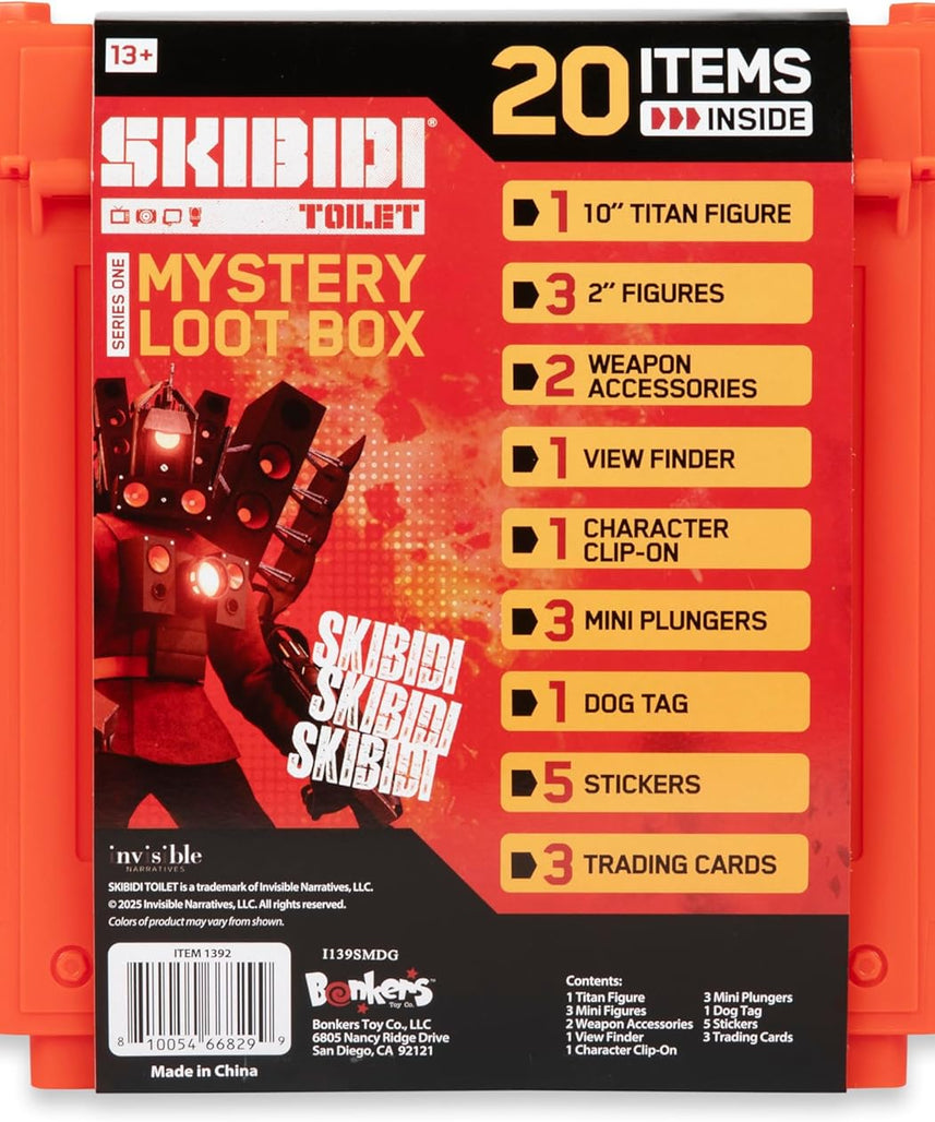 Skibidi Toilet Giant Mystery Loot Box, Official Mystery Surprise Box with 20 Collectible Items, Exclusive 10 Inch Titan Figure for Kids 13+