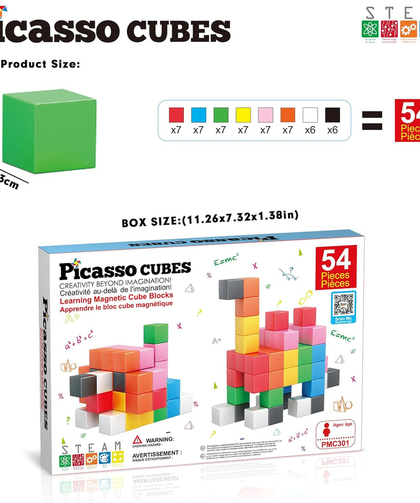PicassoTiles Magnet Cube Building Blocks 54 Pieces 1.2" 3CM Magnetic Cubes Toy Construction Building Educational Sensory Toys with Idea Booklet for School & Preschool Kids Boys Girls Toddlers PMC301