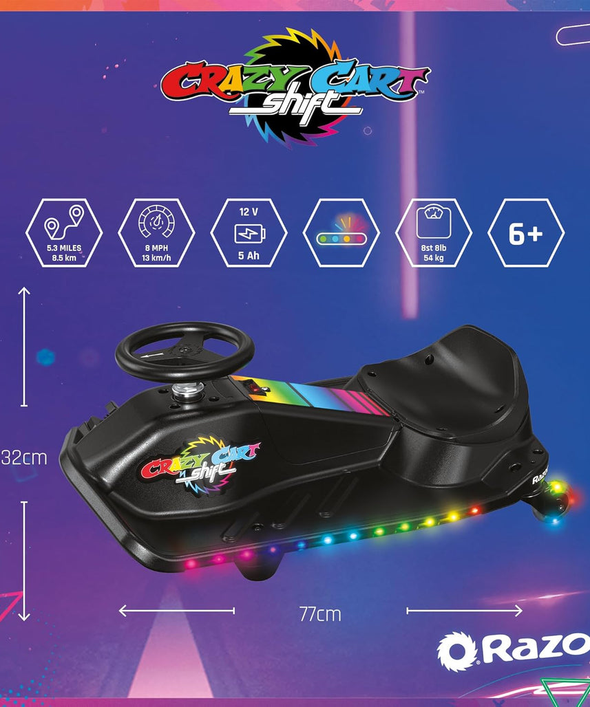 Razor Crazy Cart Shift Lightshow Electric Drifting Go Kart for Kids, LED Lights, Power Core Motor, Variable Speed, Foot Pedal Control, Parental Speed Control, Ride On Toy for 6+ Kids