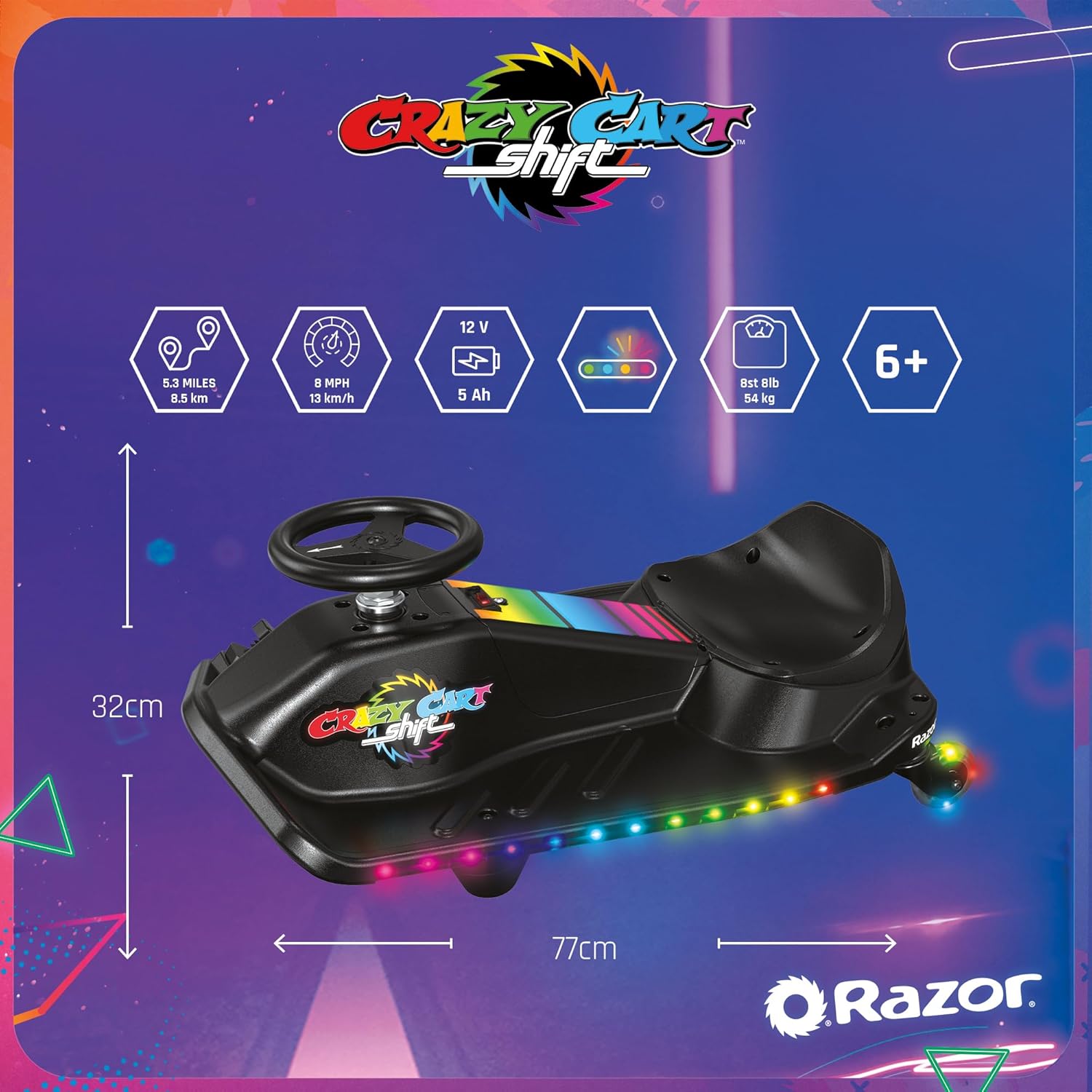 Razor Crazy Cart Shift Lightshow Electric Drifting Go Kart for Kids, LED Lights, Power Core Motor, Variable Speed, Foot Pedal Control, Parental Speed Control, Ride On Toy for 6+ Kids