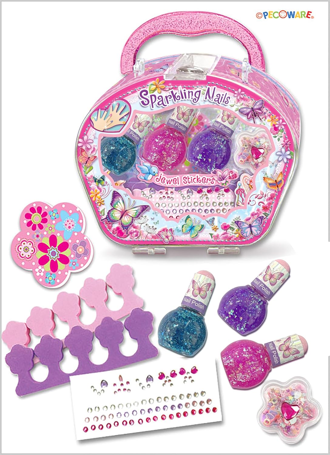 Pecoware Sparkling Nail Set for Girls, Long-Lasting 15+ Days, Non-Toxic, Low Odor, Creative Play, Multicolor, Ages 6+