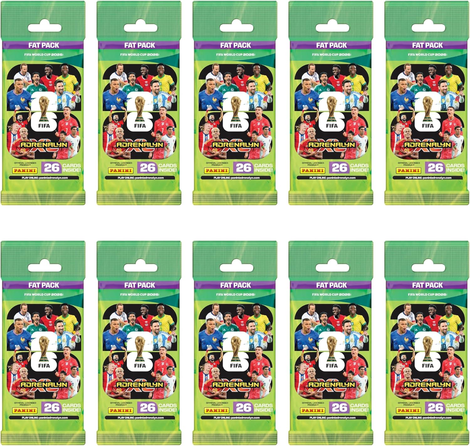 Panini FIFA World Cup 2026 Adrenalyn XL Fat Pack Trading Cards, 26 Cards Per Pack No Duplicates Inside, Official Football Collectible Cards, Single Pack or Box Option, Age 6+
